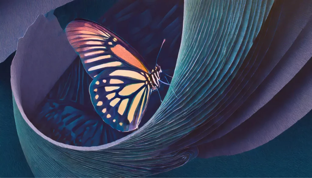 A butterfly balancing on a green leaf.